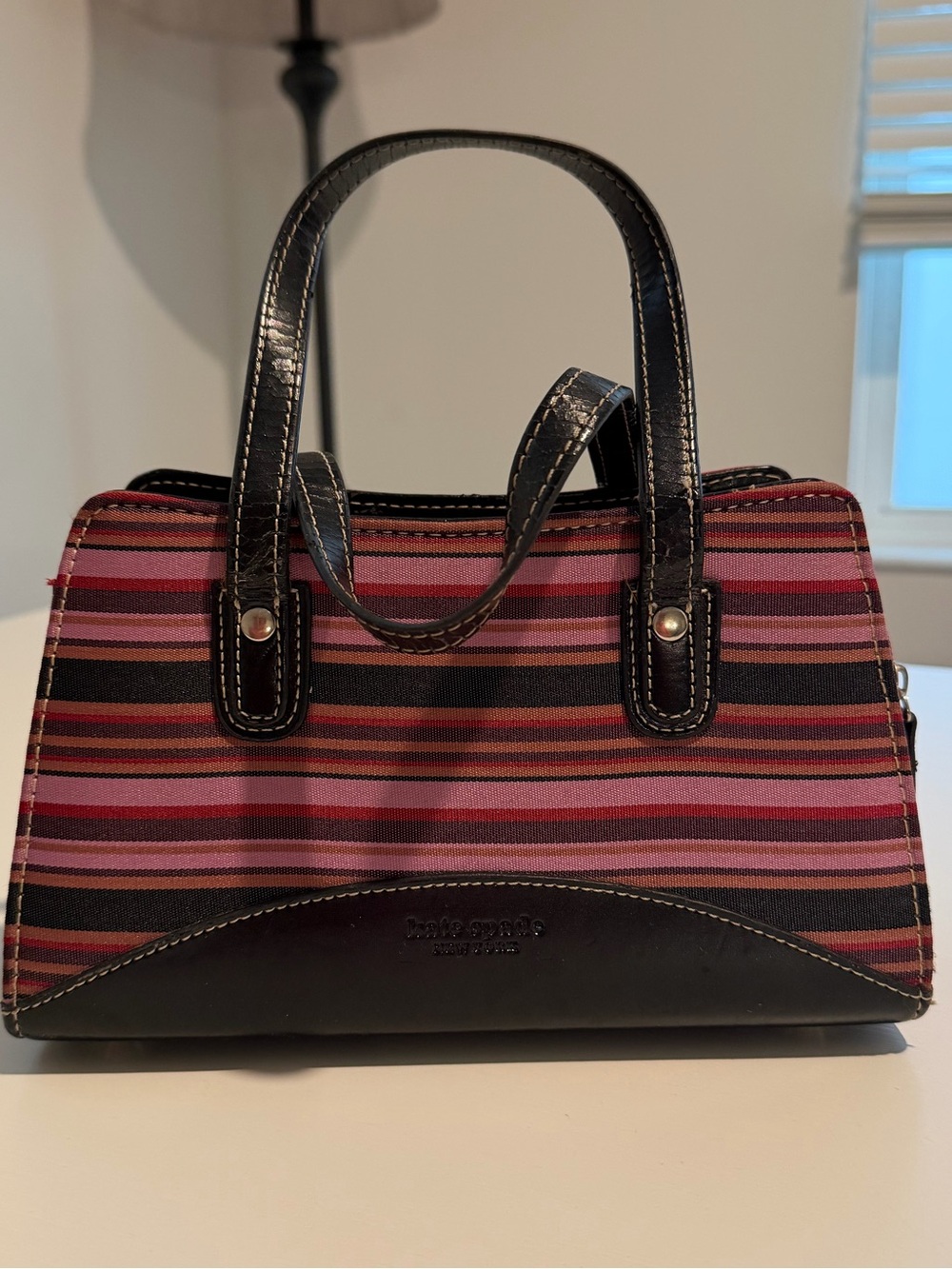 Vintage Kate Spade Striped Canvas & Leather Satchel Bag - Great Condi